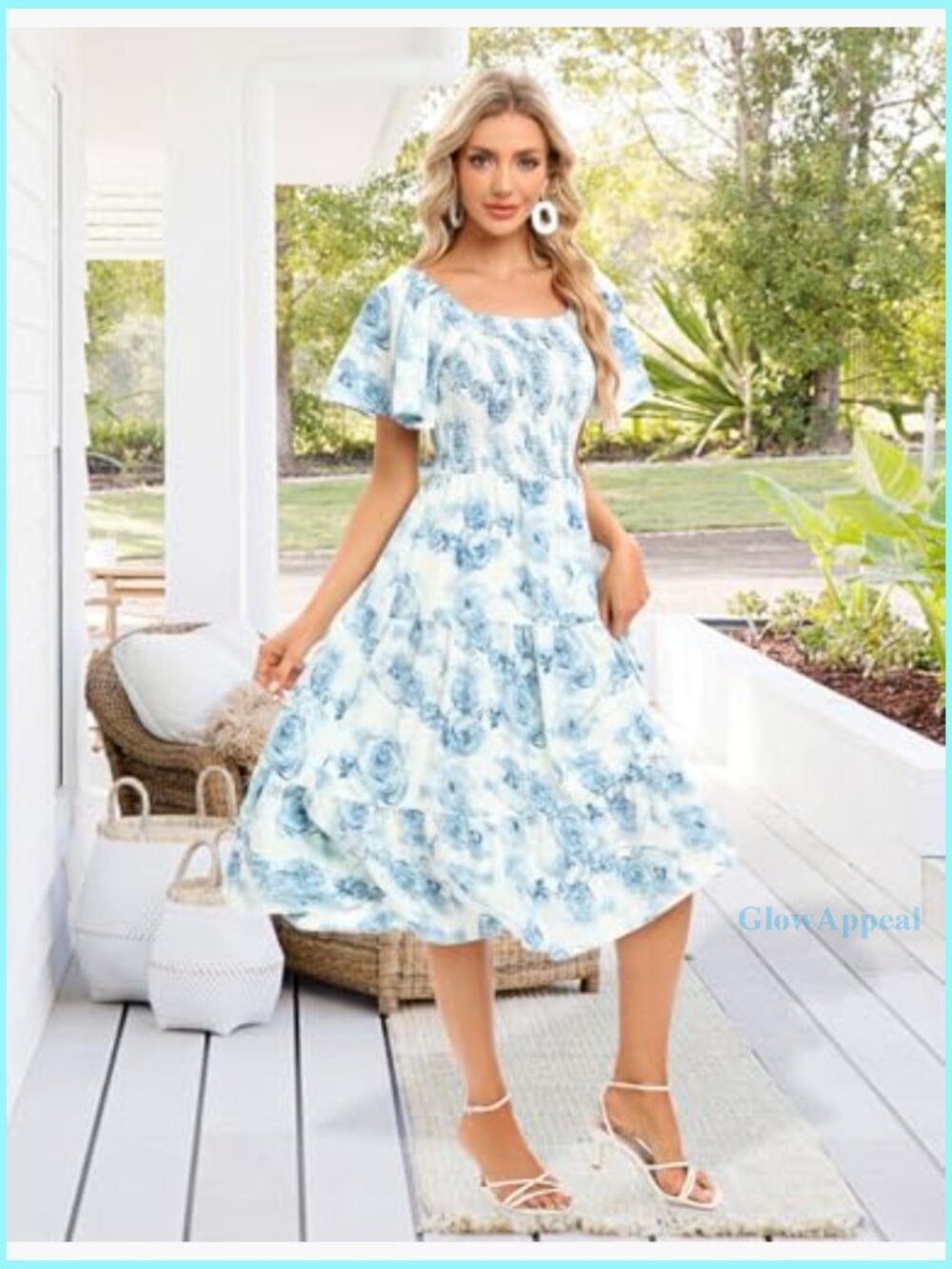 Floral Smocked Midi Dress Square Neck Off-Shoulder Summer Casual - Picture 5 of 7